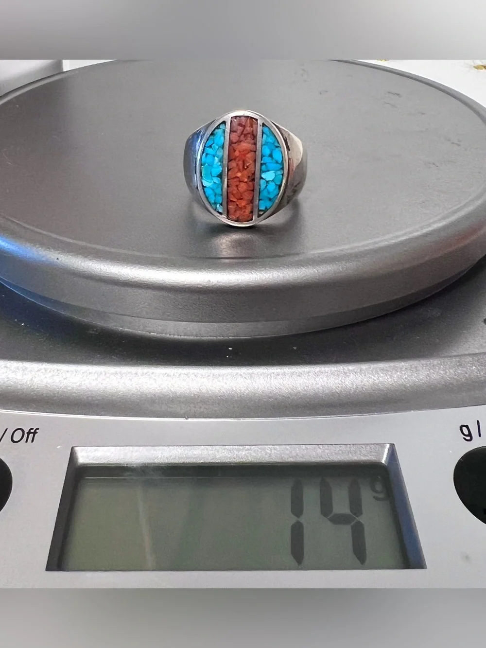 Old Pawn Native American Turquoise and Coral Inlay Ring Sterling Silver Men